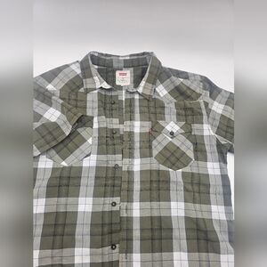 LEVI'S plaid cotton blend short sleeve button front shirt men's Grn and Wht  XL